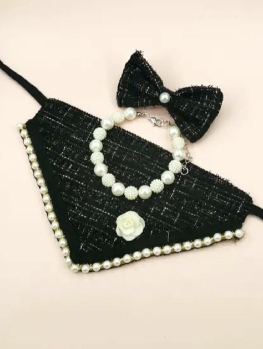 Black Plaid Dog Bib & Bow Set with Pearl Necklace Collar - SIZE XS